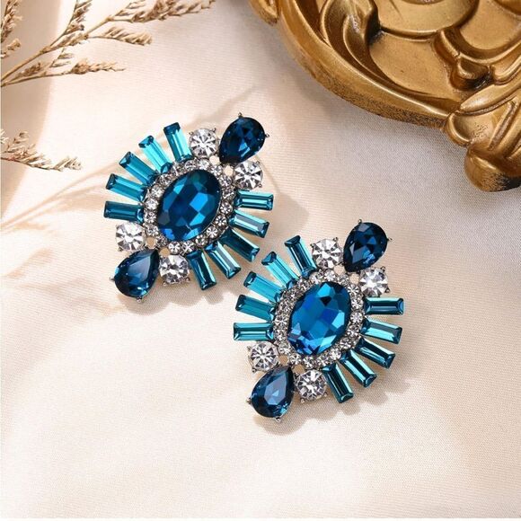 Silver with Aquamarine and Sapphire Blue CZ Floral Art Deco Post Back Earrings - Picture 2 of 4